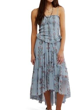 Free People Light Blue Floral Smocked High-Low Midi Dress